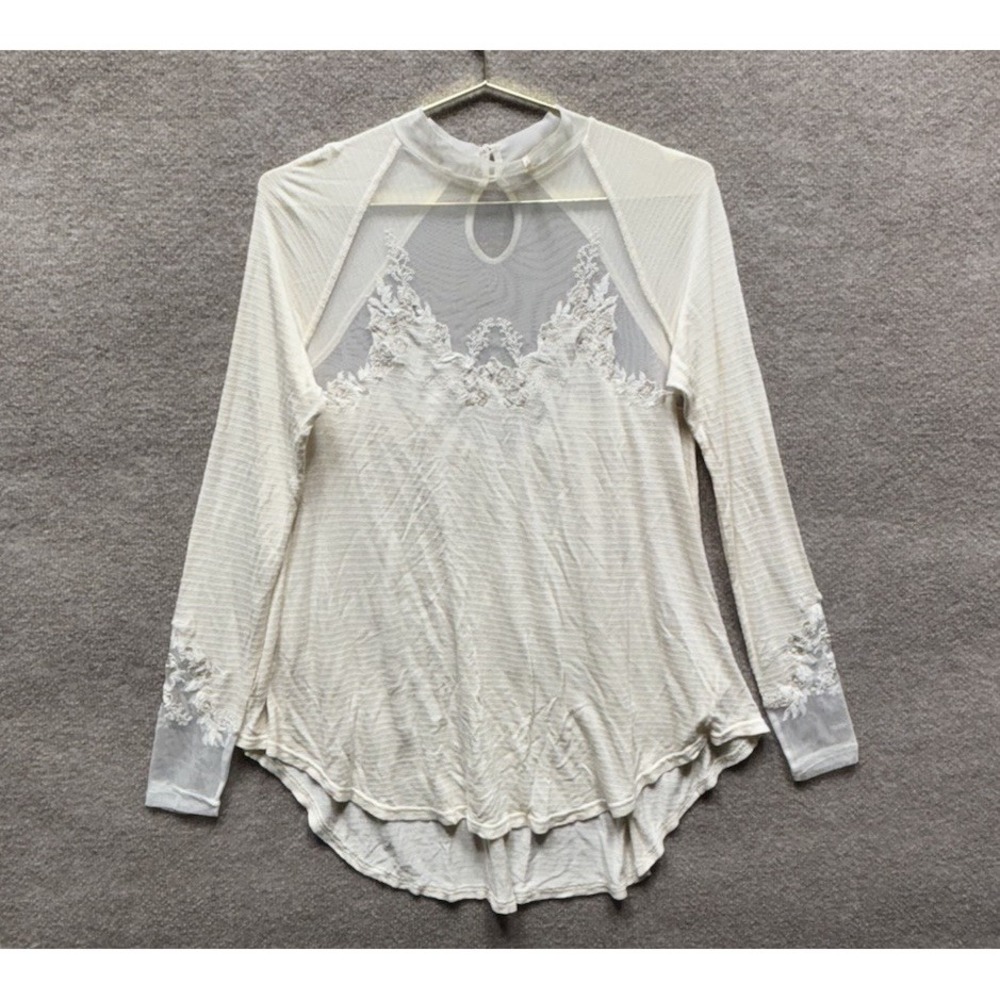 Free People Womens Saheli Tunic Top Small Cream Embroidered Mesh Boho Sheer EUC